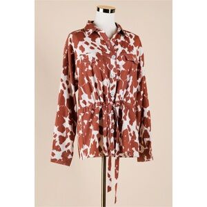 Sz 6 Asos Cow Print Western Tie Waist Button Down Cotton & Linen Blend Shirt NWT
